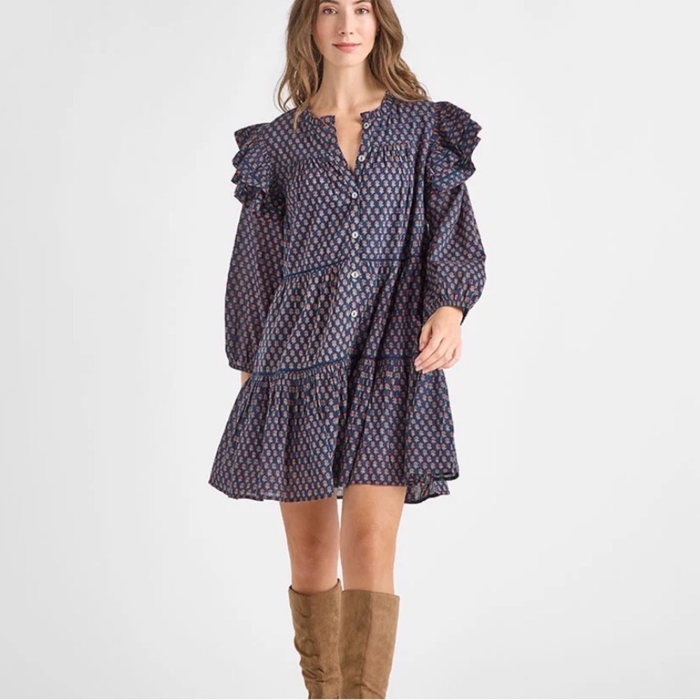 Pink Chicken Kalari Double Ruffle Dress Medium Navy Carnation New Prairiecore